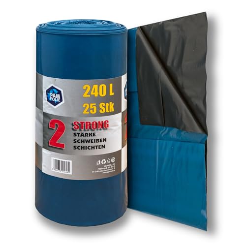 PAM-FOLIE Bolsas de basura extrafuertes, 240 l, 25 unidades, grandes y gruesas, 100 x 125 cm, doble capa, color negro y azul, bolsas de basura de construcción, bolsas universales