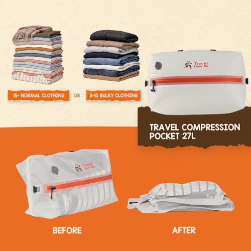 Image of Travel Likes Me Storage Vacuum Bags - Travel Essentials,Clothes Packing,Large Ziplock Bag with Vacuum,AirZip Lock Compression,Backpack Clothing,Space Suction (White, Orange, 27L with pump)