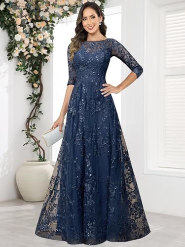 Mother of The Bride Dresses with 3/4 Sleeve Lace Appliques Crew Neck Wedding Guest Formal Gown2