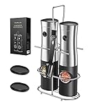 FORLIM Electric Salt and Pepper Grinder Set Battery Operated One Handed Operation Salt and Pepper Shaker with Metal Stand, Automatic Pepper Mill with LED Light, Adjustable Grinder-Pack of 2