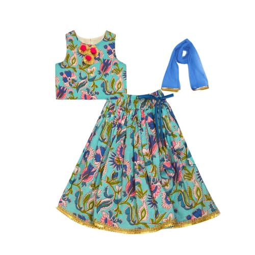 Image of A.T.U.N. (ALL THINGS UBER NICE) Girls Cotton Ethnic Floral Lehenga Choli Set with Lace & Dupatta | Traditional 3-Piece Festive Outfit for Kids