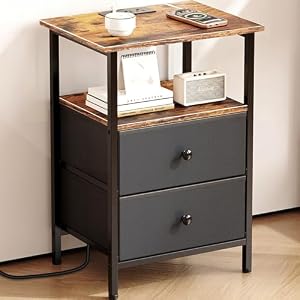 Nightstand with Charging Station, Bedside End Table with 2 Fabric Drawers for Bedroom, Side Table with USB Ports and Outlets (Brown Black)