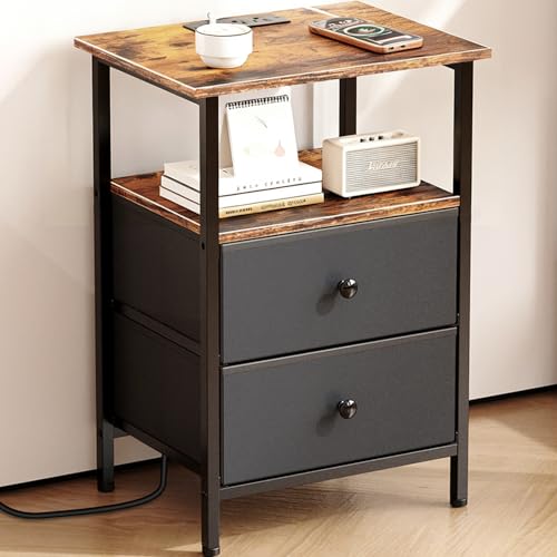 Image of Nightstand with Charging Station, Bedside End Table with 2 Fabric Drawers for Bedroom, Side Table with USB Ports and Outlets (Brown Black)