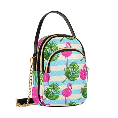Pink Flamingos Palm Leaves Blue Women Shoulder Handbag Phone Wallet Chain Strap Purse Floral Print Designer Satchel Crossbody Bag, 5.9" × 8.3" × 3.1"2