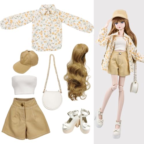 Image of Proudoll 1/3 BJD Doll Clothes Outfit Set - Handcrafted Stylish Floral Blouse, Tank, Short, Cap, Wig, Cross-body Bag, and High Heel, Compatible with 1/3 60cm 24in SD Dolls