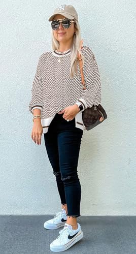 Image of Womens Sweaters Causal Crewneck Batwing Sleeve Knit Top Side Split Oversized Pullover Sweater Loose Jumper