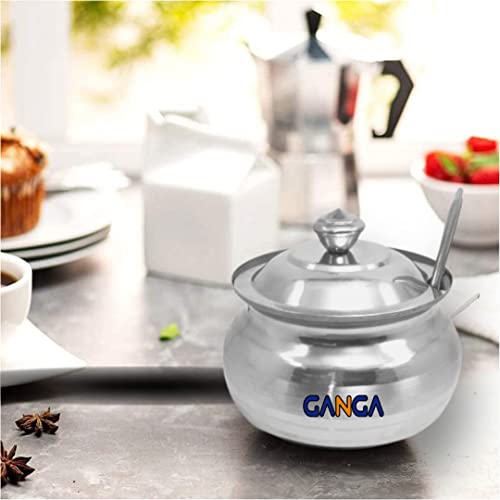 Image of Ghee Container With Spoon Oil Dispenser | Ghee Pot Steel, Ghie Dispenser | Salt Container With Spoon | Steel Oil Pot 300ml Silver Pack of 2 (Pack Of 2, Silver)