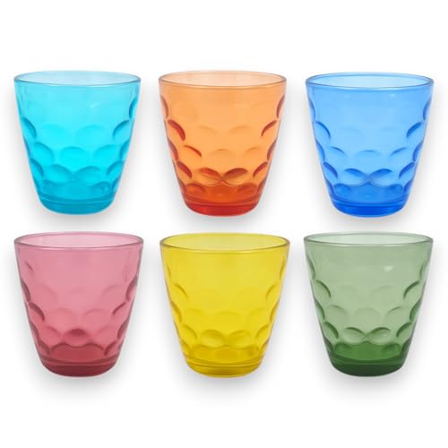 KORAT Set 6 Bicchieri Colorati in Vetro 3 Fantasie – 6 Colori – Bicchieri Acqua, Bevande, Cocktail – Alta Qualità, Lavabili in Lavastoviglie, 250-285 ml (Multicolore, 285 ML, Bolle)