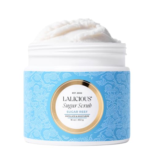 Image of LALICIOUS Sugar Reef Exfoliating & Moisturizing Body Scrub | Sugar & Coconut Oil | Pre-Shave Scrub for Ingrown Hairs & Razor Bumps | Gently Buffs & Smooths Sensitive Skin | No Parabens | Large 16oz