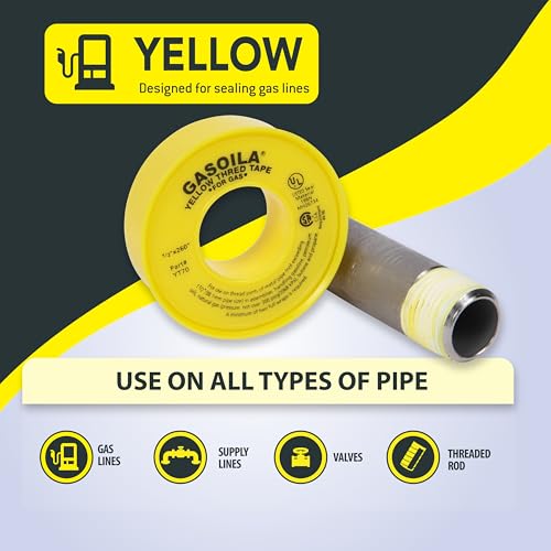 Image of Gasoila Yellow PTFE Thread Seal Tape - Professional-Grade, 1 /2 Inch x 260 Inch, High-Density Thread Tape for Gas Lines- Leak-Proof Seal, Non-Toxic