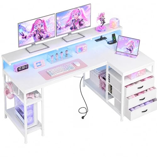 Klyvvo 160x80 Scrivania Angolare con 3 Cassetti, Gaming Scrivania a L con LED, Supporto per Monitor, 2 Presa 2 USB Integrata, Tavolo per Lavorare,Giochi e Studiare,per Ufficio,Studio e Camera da Letto