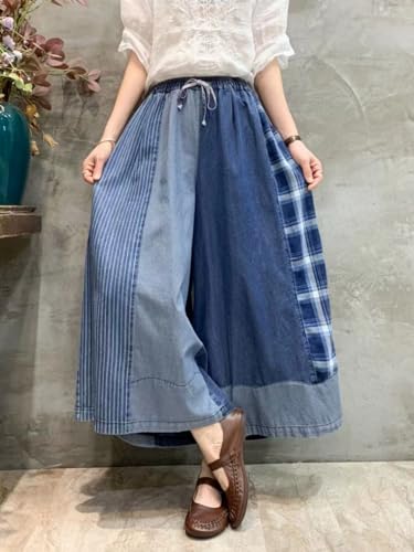 Womens Casual Loose Cropped Jeans Wide Leg Denim Pants Skirts Vintage Pants Trousers Elastic Waist with Pockets (US, Alpha, Small, Large, Blue Patchwork2)2