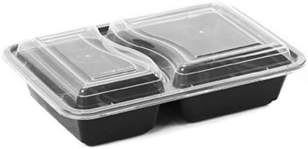 Party Warehouse 50 x Black Plastic 2 Compartment Food Containers with Clear Lids - Microwave and Freezer Safe - Ideal for Meal Prep - 2 Compartment Trays & Lids 50 Pack