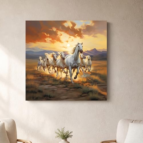 Image of 7 White Running Horses Wall Art Painting For Living Room, Vastu Abstract Landscape Stretched Canvas Wall Art Poster for Living Room, Office & Home Decor (55x55 cm)