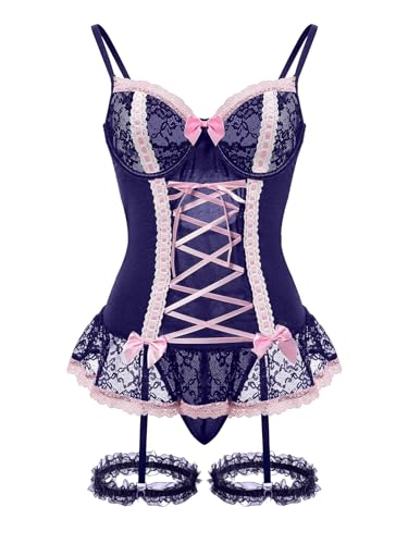 Image of Foxiny Sexy Mesh Corset Ruffle Lace Up Underwire Sheer Garter Belt Babydoll Lingerie Set With Thong 3 Piece Women