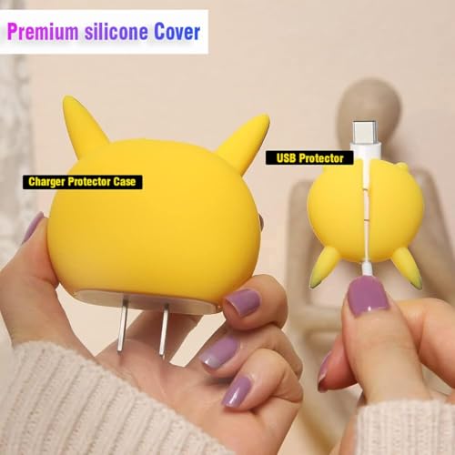 Image of Meyaar Silicone Protective Case for Apple 20W & 18W iPhone USB-C Power Adapter Charger and for USB Lightning Cable, 3D Cartoon Case for iPhone Charger 18W /20W Only (Pika.chuu (Yellow))