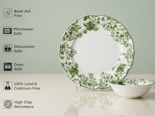 Image of Bodhi House Porcelain Dinner Set 12 Pieces - Green Leaf White Dinnerware Set | 6 Dinner Plates, 6 Katori Bowls | Premium Crockery Set for Dining, Kitchen & Gifting