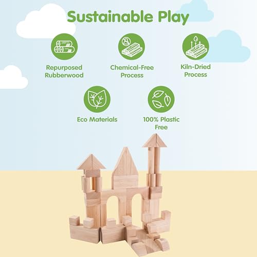 Image of PlanToys Wooden 50 Piece Unit Block (35 mm) Building Set (5502) | Sustainably Made from Rubberwood and Non-Toxic Paints and Dyes | PlanNatural Classic Wooden Toy Collection