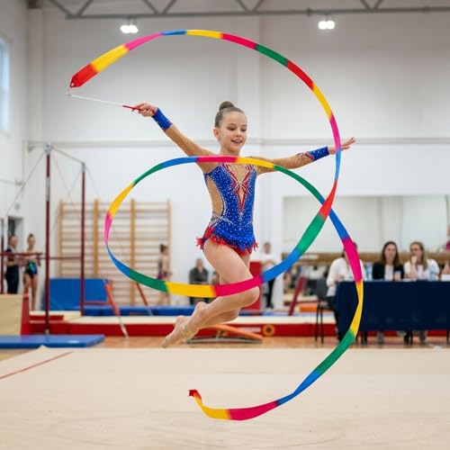 Image of YGEOMER 2Pcs Dance Ribbons for Kids, Rainbow & Gradient Gymnastics Ribbon Wands, Ballet Party Favors for Girls, Birthday Decor & Performance Props