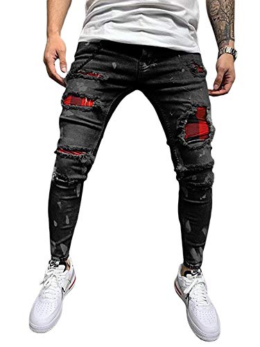 DELIMALI Jean classique déchiré pour homme, taille élastique, pantalon en jean skinny vieilli style hip-hop, streetwear, Noir , 41-44.5