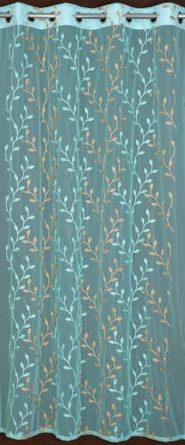 Image of Fabrilia Sheer Tissue Embroidery Curtain for Living Room, Bedroom & Dining Area | Leaf Vine Pattern Net Eyelet Curtain | Aqua with Gold Touch Design | 7 feet Long Set of 2 Curtain