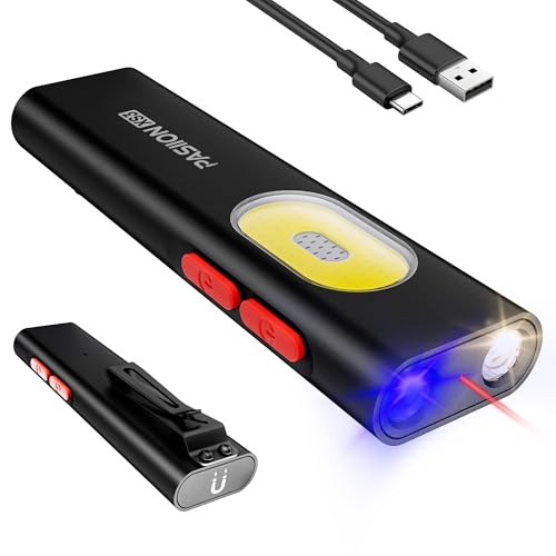 LED Taschenlampe Aufladbar 1400 Lumen, Flache EDC Taschenlampe mit Magnet, UV Licht & Rotlicht,COB Arbeitsleuchte,Doppelschalter,beidseitiger Clip,Taschenlampe Klein für Inspektion,Arbeit & Reparatur