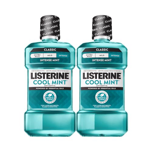 Listerine Mouthwash Cool Mint Antiseptic Treatment for Adults Kills 99.9% of Germs that Cause Bad Breath Plaque Gingivitis in a Daily Intense Mint Mouthwash, 2 Pack of 33.8 fl oz/1 L