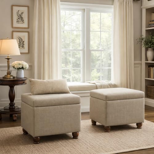 Image of HomePop 22 inch Medium Rectangular Storage Ottoman - Tan Linen