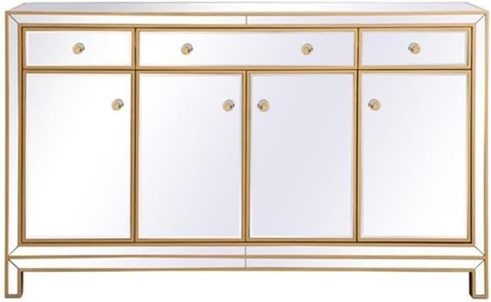 Pemberly Row Modern 60" Metal and MDF Mirrored Credenza, Gold Finish, 4 Doors, 3 Shelves, Rectangle Shape, Soft Closing Hand-Painted Storage Cabinet for Living Room, Dining Room, or Entryway Use