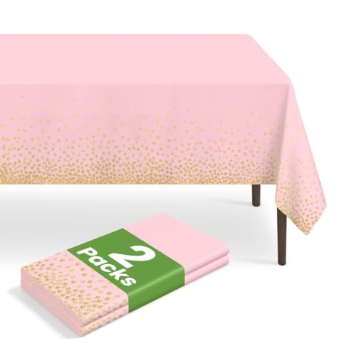 LIKAJON 2 Pack Pink and Gold Dot Tablecloth, Plastic Table Cloths for Parties Disposable, 54x108 n Waterproof Rectangular Pink Camping Tablecloth for Birthday Party Baby Shower Picnic Valentines