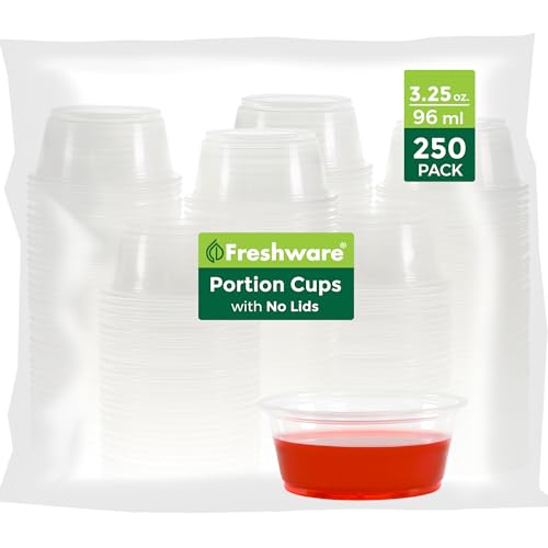 Image of Freshware Plastic Portion Cups (No Lids) [3.25 Ounce, 250 Count] Disposable Plastic Cups for Meal Prep, Salad Dressing, Jellos Shot Cups, Souffle Cups, Condiment and Dipping Sauce Cups, Clear