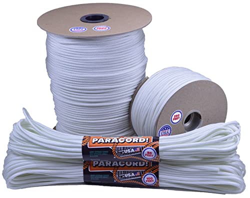Bored Paracord - 1', 10', 25', 50', 100' Hanks & 250', 1000' Spools of Parachute 550 Cord Type III 7 Strand Paracord Well Over 300 Colors - White - 100 Feet