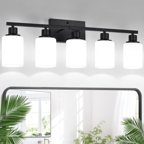 Indoi 5-Light Bathroom Light Fixture Matte Black with Milky White Shades