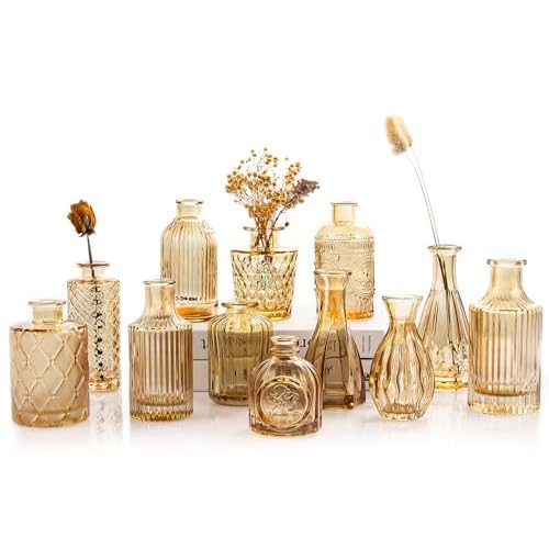Gold Amber Glass Bud Vases Set of 12, Small Vases for Flowers, Champagne Mini Vintage Vases for Centerpieces,Bud Vase in Bulk for Wedding Decor,Single Flowers,Office and Home Table Flower Décor