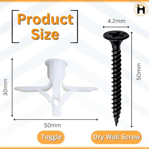 Image of Homdum Toggle Drywall anchor - Butterfly Nylon Plug Size 10 x 35 mm 100 nos with Drywall screw 100 nos total items 200 nos.