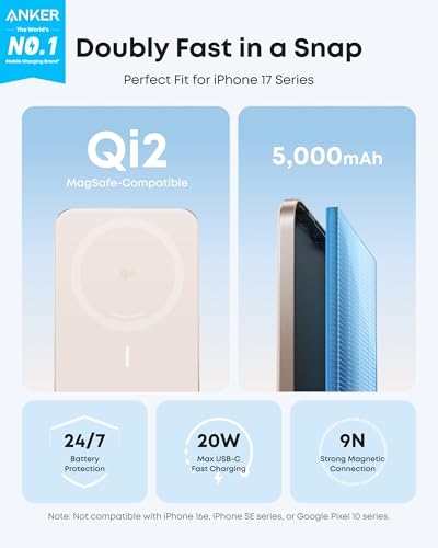 Anker Nano Batterie Externe certifiée Qi2 15W magnétique Ultra-Fine 5000 mAh, Rapide, Ergonomique et Compatible MagSafe, Uniquement pour iPhone 16 Pro Max/15/14/13/12