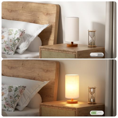 Image of Fenmzee Small Table Lamp for Bedroom - Inline Control, Bedside Lamp with 3000K A15 LED Blub, Easy Assembly (Beige Shade - Walnut Base, 9 inch Inline Control)