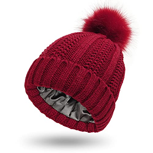 Micoop Bonnet d'hiver tricoté doux et chaud doublé en satin avec pompon pour filles et femmes, Rouge, XL