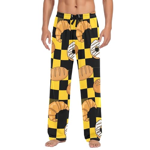 Men's Pajama Bottom Bakery Items on Checkerboard Cotton Pajama Pants Drawstring Sleepwear Long Pants Pockets