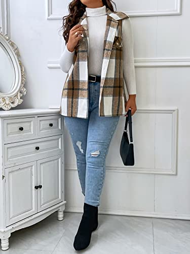 Makemechic Women's Plus Size Plaid Vest Coat Button Down Sleeveless Coat Jacket Outerwear Plus Mocha Brown 0Xl #TOP5