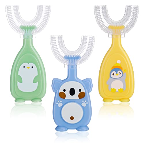 Pinenuts 3 Pack Kids U-Shaped Silicone Toothbrush, Whole Mouth Toothbrush for Kids Toddler Baby (2-6years, Colorful)