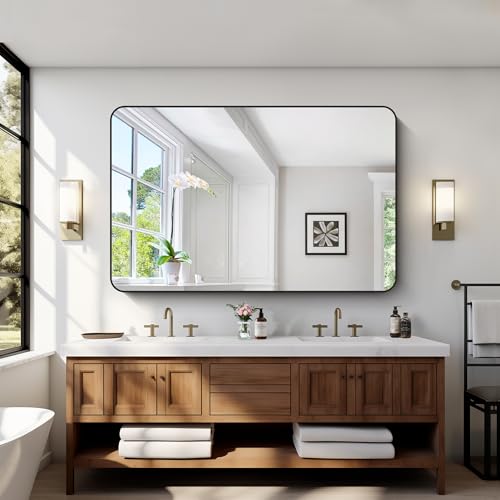 Image of Bathroom Mirror, 55 x 36 inch Black Rectangle Wall Mirror, Metal Frame Rounded Corner Vanity Mirror, Large Wall Mounted Mirrors for Over Sink Bedroom Living Room Horizontal Or Vertical Mounting