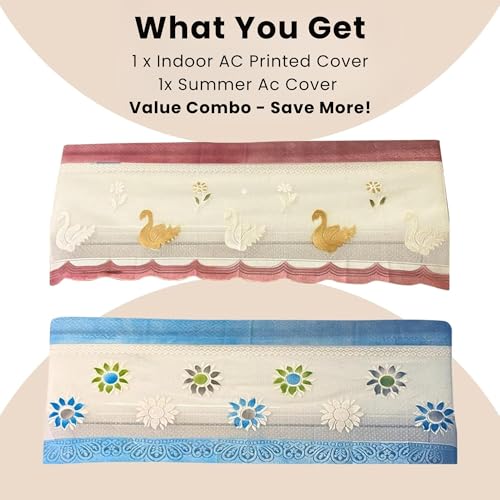 Image of Combo Cotton Net Split AC Cover Indoor Unit for 2 Ton Capacity AC, Premium Work Indoor AC Dust Protection Cover Designer Summer Ac Cover for 2 Ton Ac (38 X 15.35 X 7.8 inch, Peach & Blue)