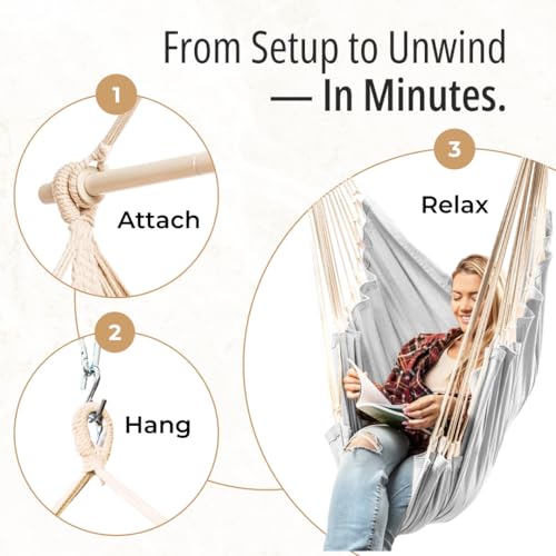 Image of Hanging Hammock Chair Swing - Hanging Chair Outdoor & Indoor - Hammock Swing Chair - Quick & Easy Setup with Hardware Kit - Upgraded UV-Resistant Polyester Straps, Durable & Spacious Full-Body Support