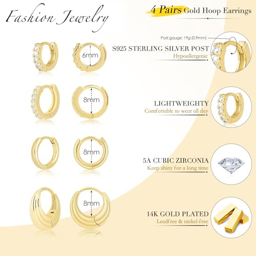 Image of Small Gold Huggie Hoop Earrings Set for Women Men Hypoallergenic 14K Plated Stack Cartilage Earrings, Sterling Silver Multiple Piercing Lightweight Mini Thin Cute Dainty Trendy Jewelry Gifts for Women
