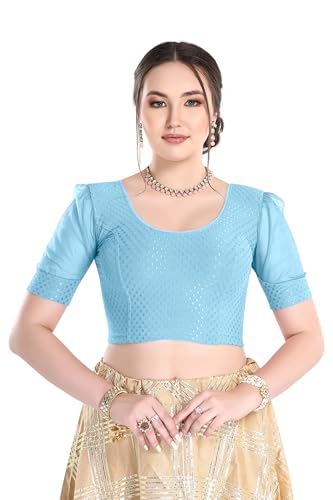 Image of FINESTFIT Stay On Trend Fashion 100% Cotton Readymade Blouses for Women,Round Neckline with Organza Balloon Sleeves.