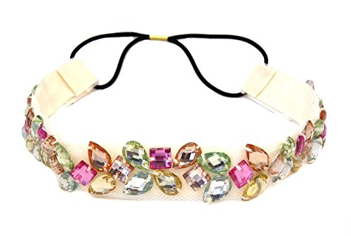 Multi Color Rhinestone Beaded Elastic Fashion Headband Hair Accessory, Cream