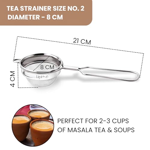 Image of Inme Tea Strainer with 304 Grade Stainless Steel Mesh, Chai Channi Chalni Jali, Coffee Milk Juice Oil & Tea Filter Strainers with Durable Long Wire Handle - Set of 2 (Diameter - 7 cm & 8 cm)