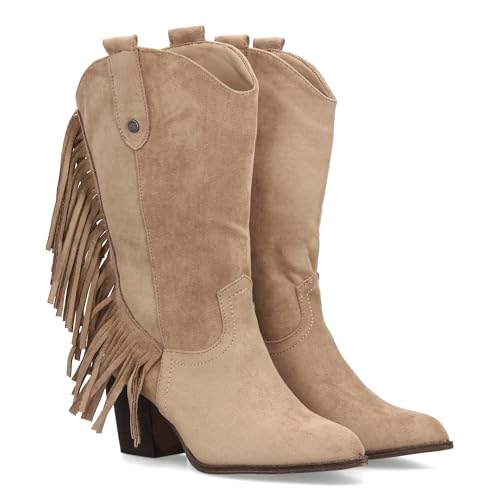 shoes&blues.es 97683 Bota de Media Cana Cowboy con Detalle de Flecos Laterales. Tacon Ancho de Altura Media y Tiradores. Cierre Lateral con Cremallera Ideal Temporada Otono Invierno. Beige Talla 38