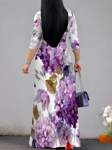 Image of SUZONANA Plus Size Dresses for Women Floral Print Maxi Dress Flowy 3 /4 Sleeve with Belt